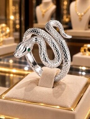 Silver Snake Wrap Ring with Green Eyes